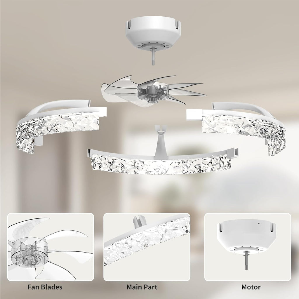 Ceiling Fans with Lights and Remote, Crystal-Edged Modern Flush Mount LED Fan Light, 6 Wind Speeds Low Profile Fandelier Ceiling Fan with Light for Bedroom, 3000-6500K Dimmable (19.7" White)