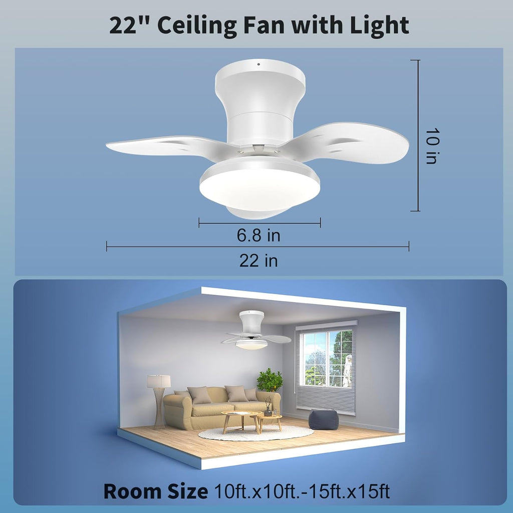 22inch Ceiling Fans with Lights, 6-Speed Reversible DC Motor, Dimmable LED Light, 3CCT, Quiet Operation, for Kitchen Bedroom Dining Room Patio (White)