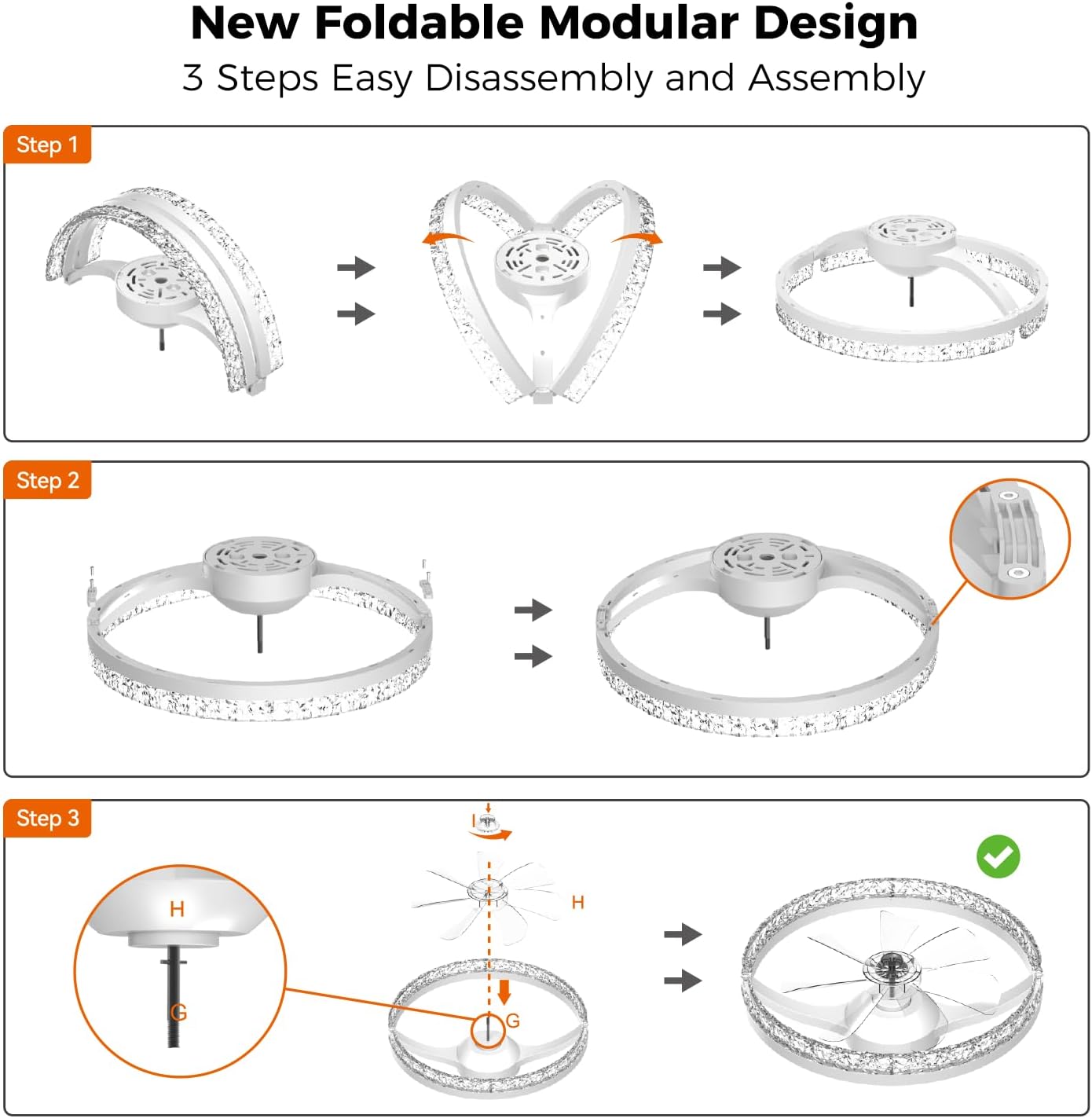 Ceiling Fans with Lights and Remote Low Profile Flush Mount LED Ceiling Fan with Lights 3000K-6500K Dimmable Foldable Fandelier Light 6 Wind Speeds Night Light for Bedroom Living Room White