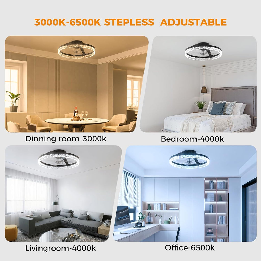 LED Ceiling Fans Foldable with Lights and Remote Flush Mount Ceiling Fan 3000-6500K Dimmable 6 Wind Speeds for Home Bedroom Kitchen Garage Shop Black-Crystal