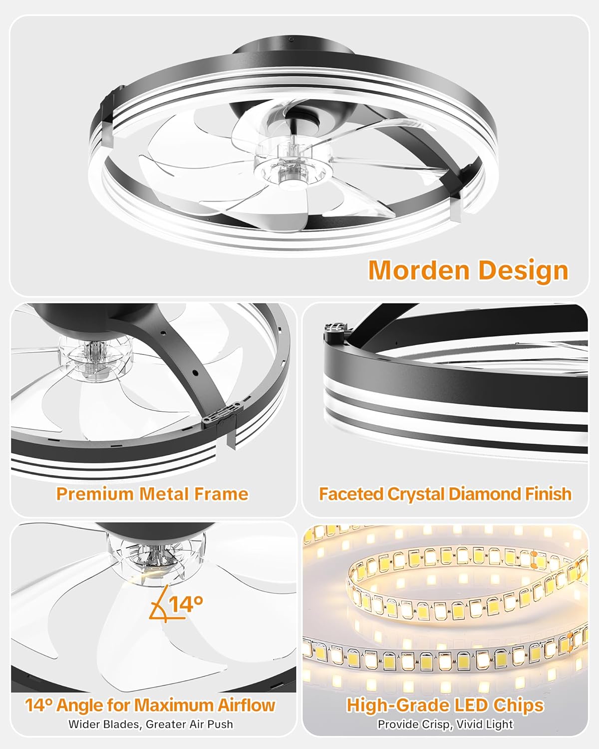 Ceiling Fans with Lights and Remote Low Profile Flush Mount LED Ceiling Fan with Lights 3000K-6500K Dimmable Foldable Fandelier Light 6 Wind Speeds Night Light for Bedroom Living Room Black (Striped)