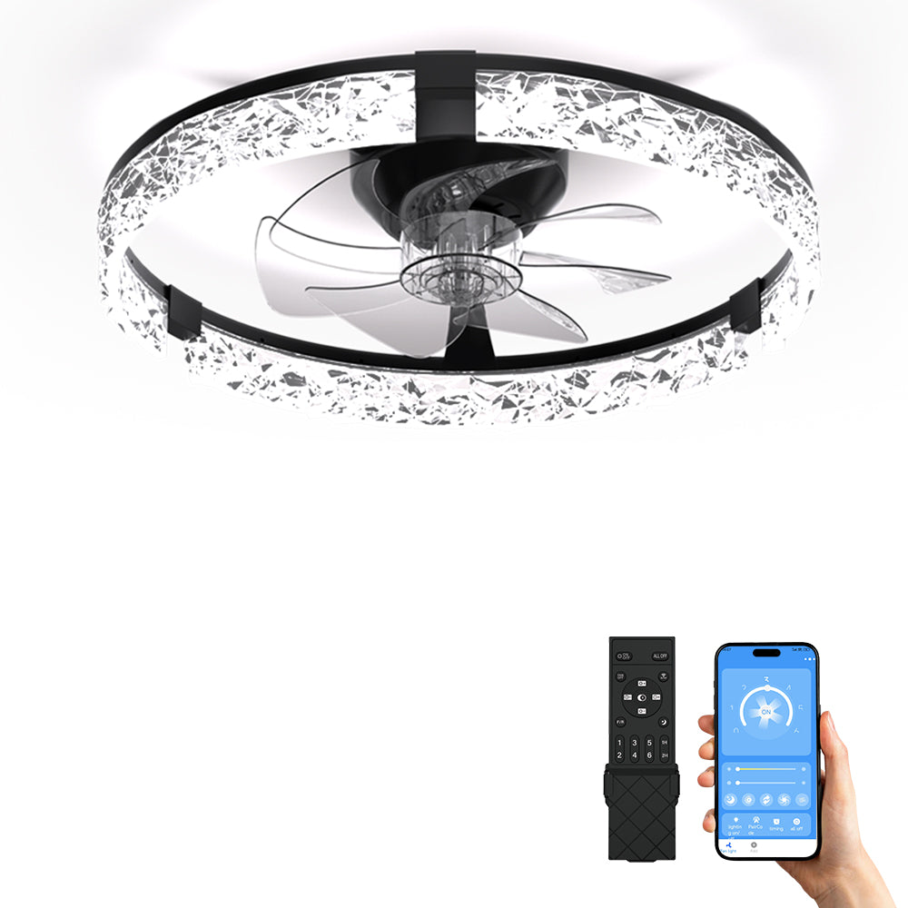 19.7" Black Ceiling Fan with Light and Remote, Low Profile Diamond Acrylic LED Lighting Downwards