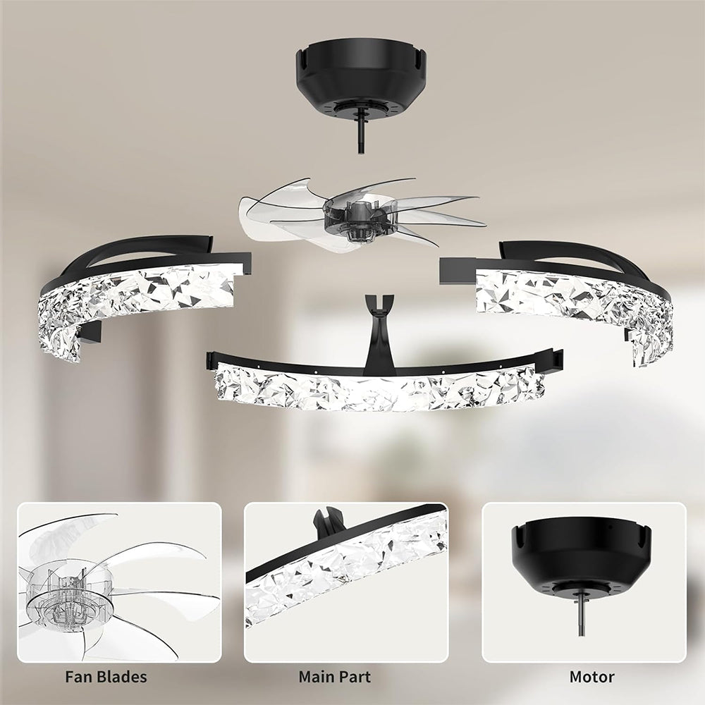 19.7" Black Ceiling Fan with Light and Remote, Low Profile Diamond Acrylic LED Lighting Downwards