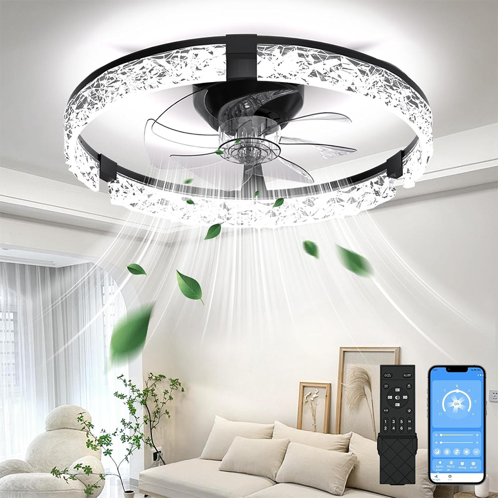 19.7" Black Ceiling Fan with Light and Remote, Low Profile Diamond Acrylic LED Lighting Downwards
