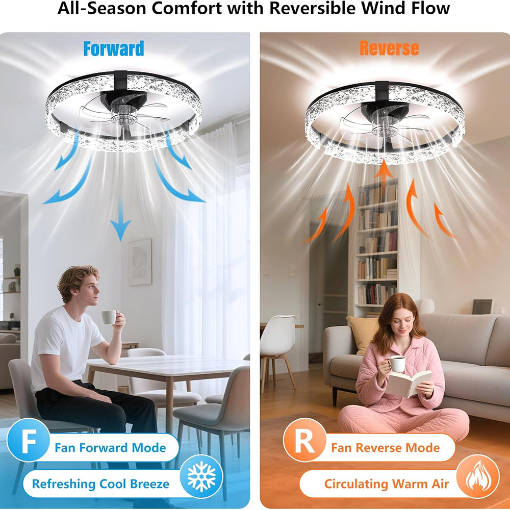 19.7" Black Ceiling Fan with Light and Remote, Low Profile Diamond Acrylic LED Lighting Downwards