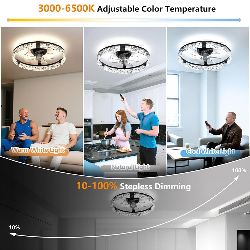 19.7" Black Ceiling Fan with Light and Remote, Low Profile Diamond Acrylic LED Lighting Downwards