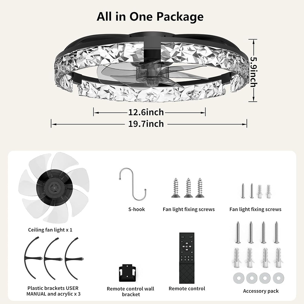 19.7" Black Ceiling Fan with Light and Remote, Low Profile Diamond Acrylic LED Lighting Downwards
